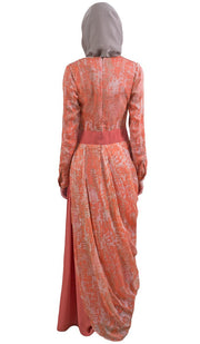 Sumaira Marble Print Chiffon Maxi Abaya Dress - Coral - ARTIZARA.COM