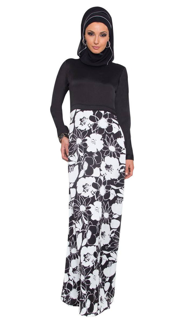 Talia Long Sleeve Modest Muslim Formal Evening Dress - Black and White - ARTIZARA.COM