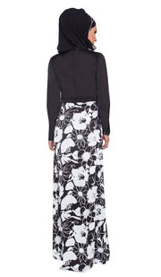 Talia Long Sleeve Modest Muslim Formal Evening Dress - Black and White - ARTIZARA.COM