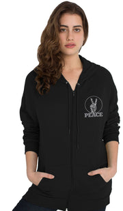 Unisex Zip-Front Peace V Sign Hoodie  - Black - ARTIZARA.COM